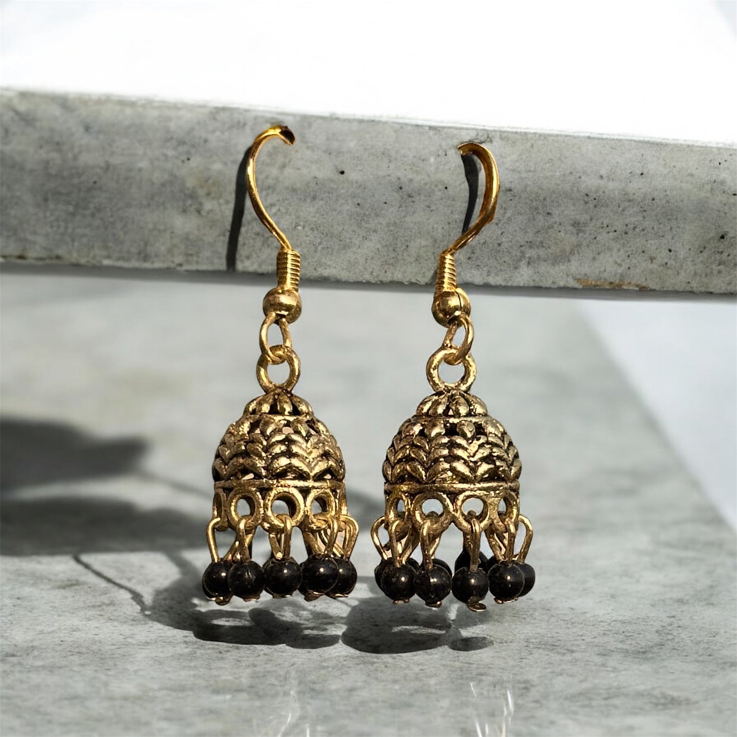 Gold plated black beads Jhunki Earrings