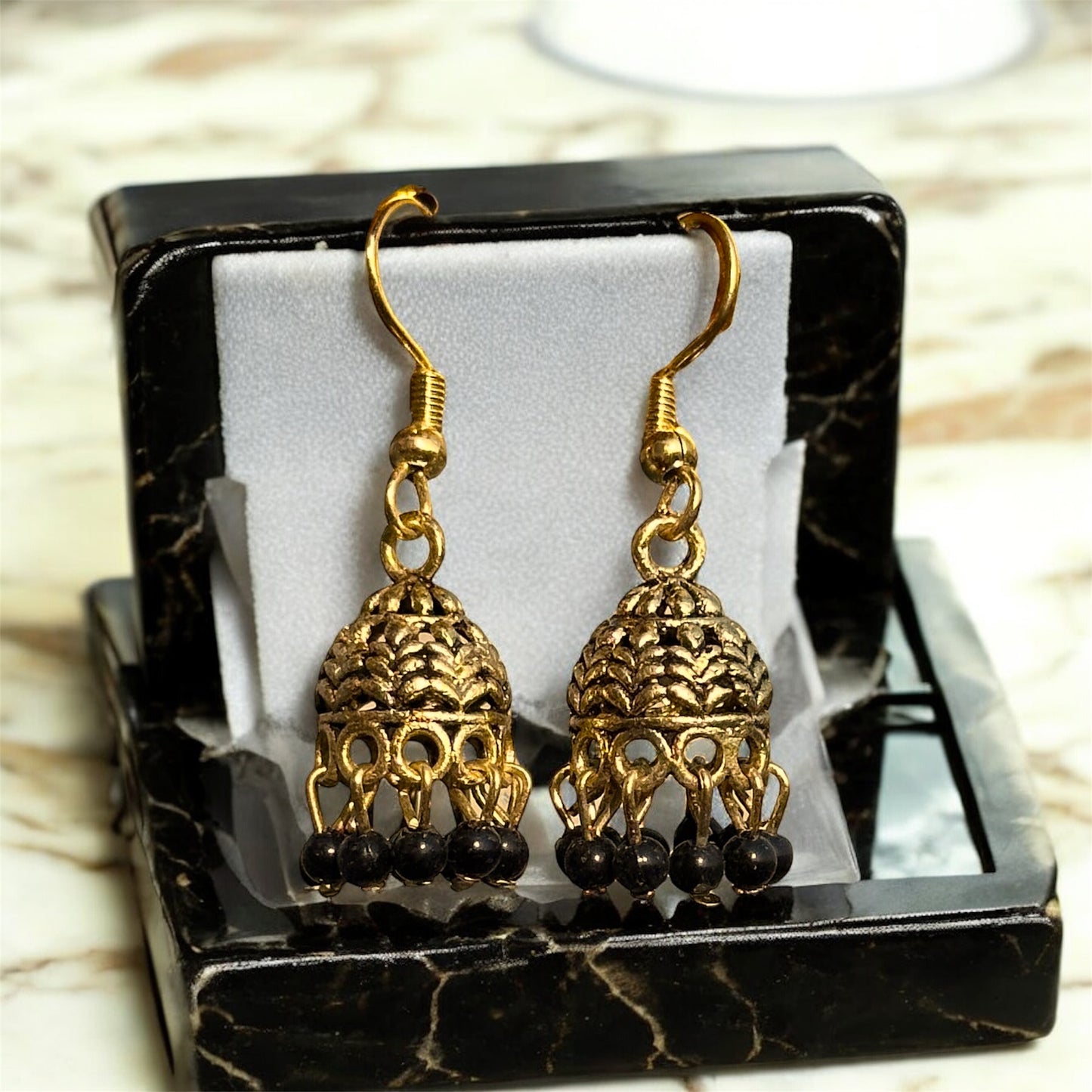 Gold plated black beads Jhunki Earrings