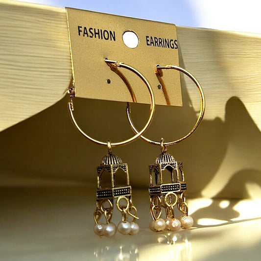 Golden Dome Pearl Hoop Earrings